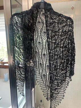 Black Crochet Shawl with Beaded Detail